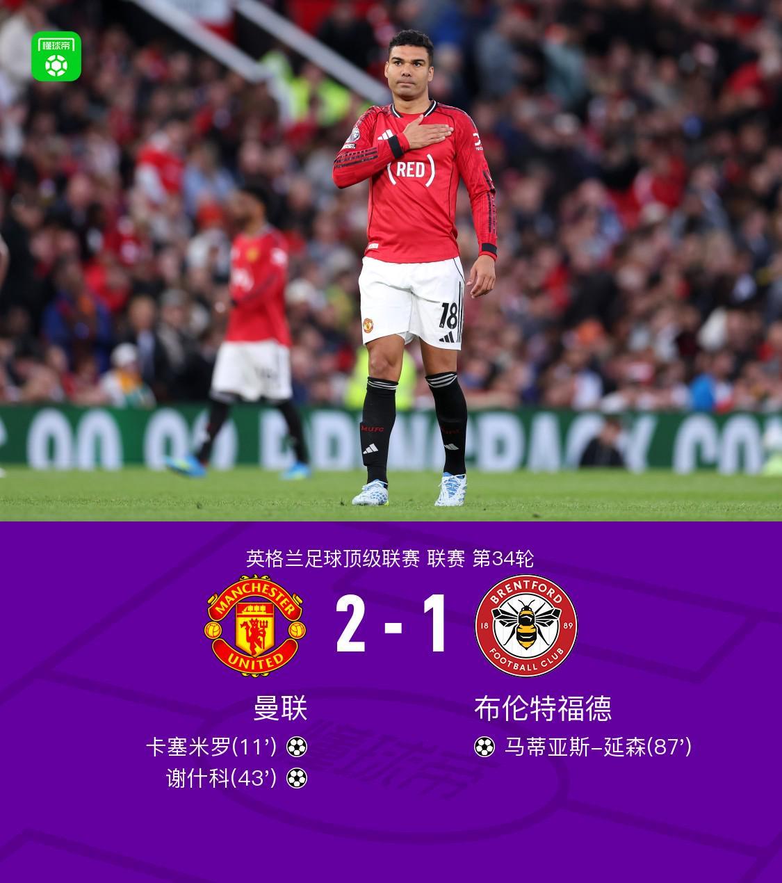 云开体育-剑南春丨曼联2-1布伦特福德,卡塞米罗、谢什科破门,B费助攻